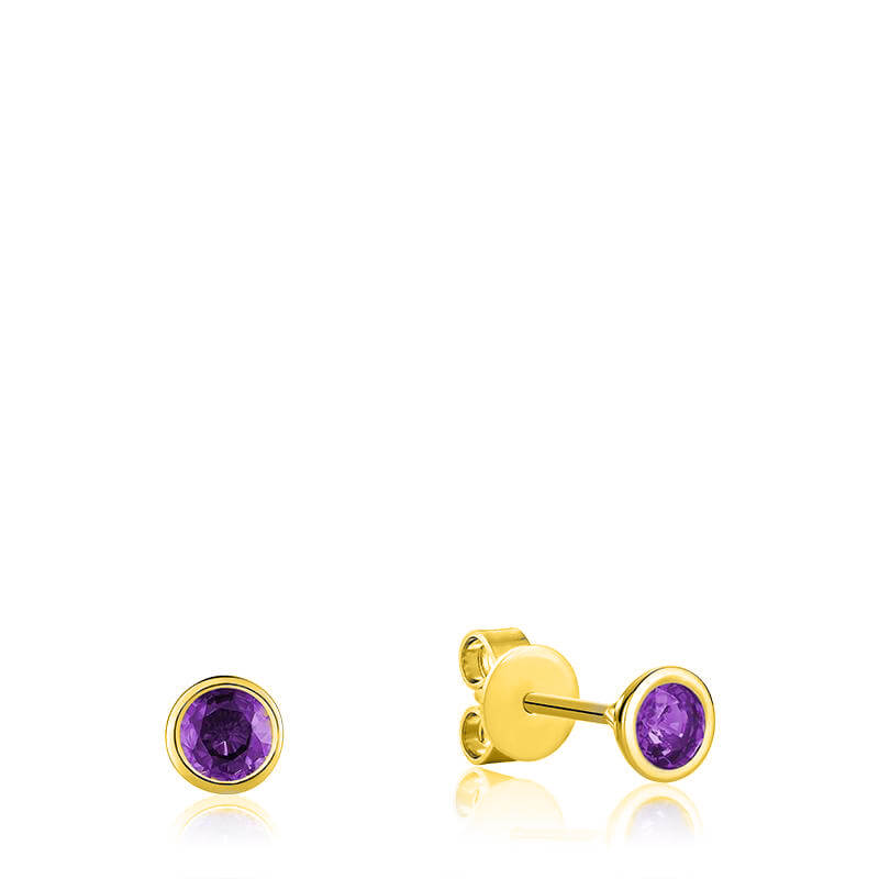 Amethyst Stud Earrings in 10kt Yellow Gold, featuring two beautiful round-cut Amethysts set in a classic, secure stud closure. The warm, golden hue of the 10kt Yellow Gold complements the rich, purple tones of the Amethysts, creating a stunning and timeless look.