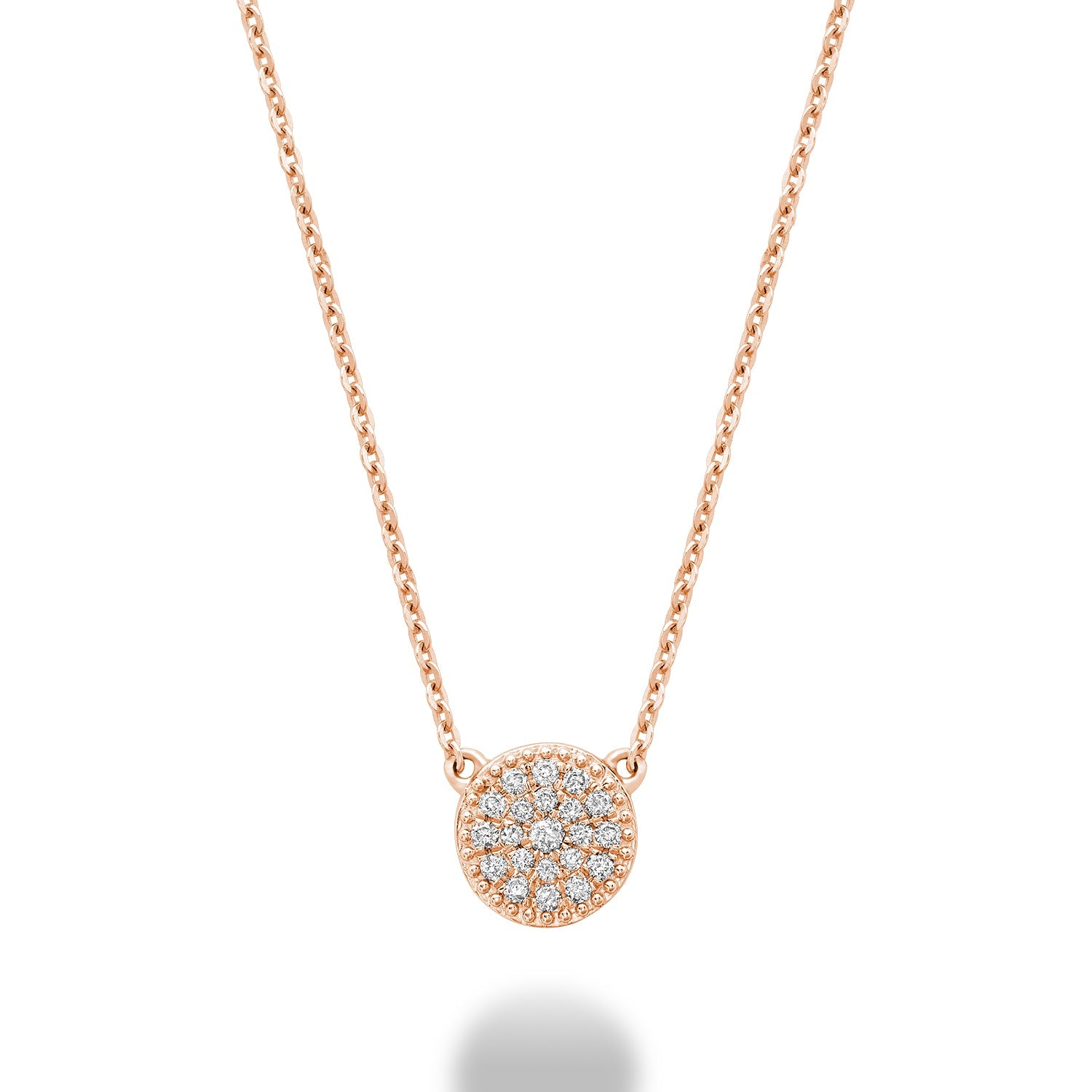 A close-up of a rose gold diamond pave necklace. The necklace features a total of 0.10ct of diamonds set in a pave style. The diamonds are sparkling and eye-catching.