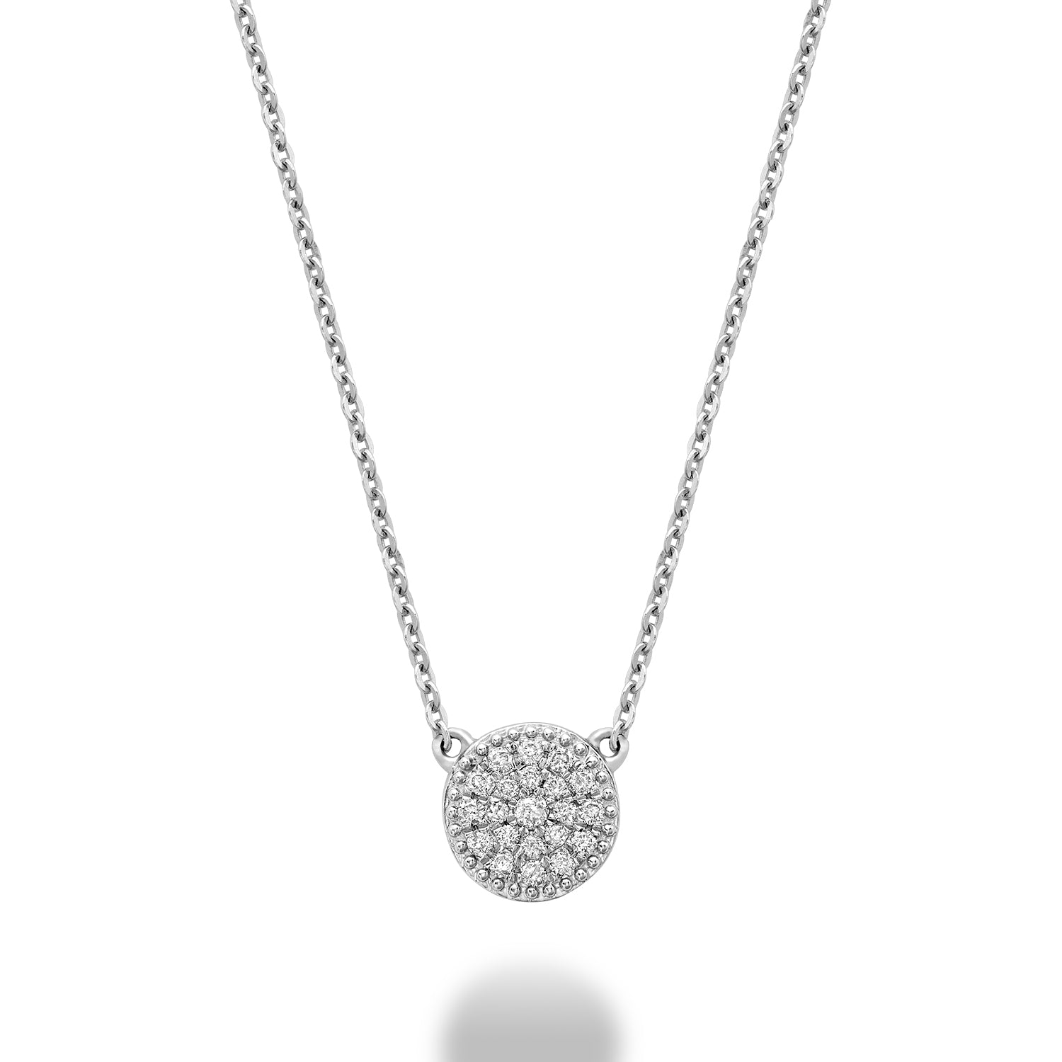 A close-up of a white gold diamond pave necklace. The necklace features a total of 0.10ct of diamonds set in a pave style. The diamonds are sparkling and eye-catching.