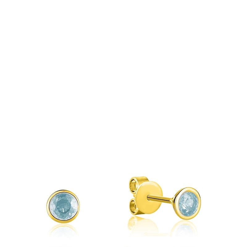 Aquamarine stud earrings featuring a round-cut aquamarine stone set in 10kt yellow gold.