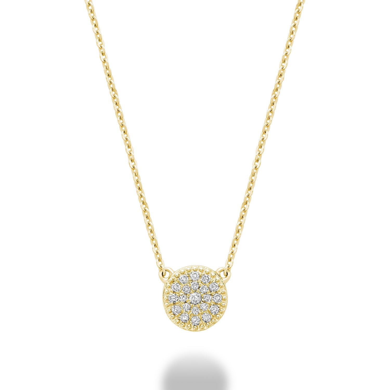 A close-up of a yellow gold diamond pave necklace. The necklace features a total of 0.10ct of diamonds set in a pave style. The diamonds are sparkling and eye-catching.