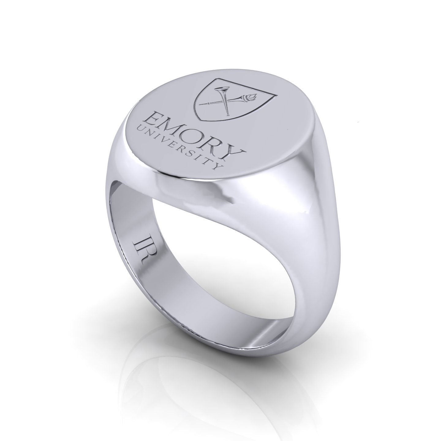 Side view of the Emory Ivy Signet Class Ring in sterling silver, showing off the classic contours and attention to detail in its design.
