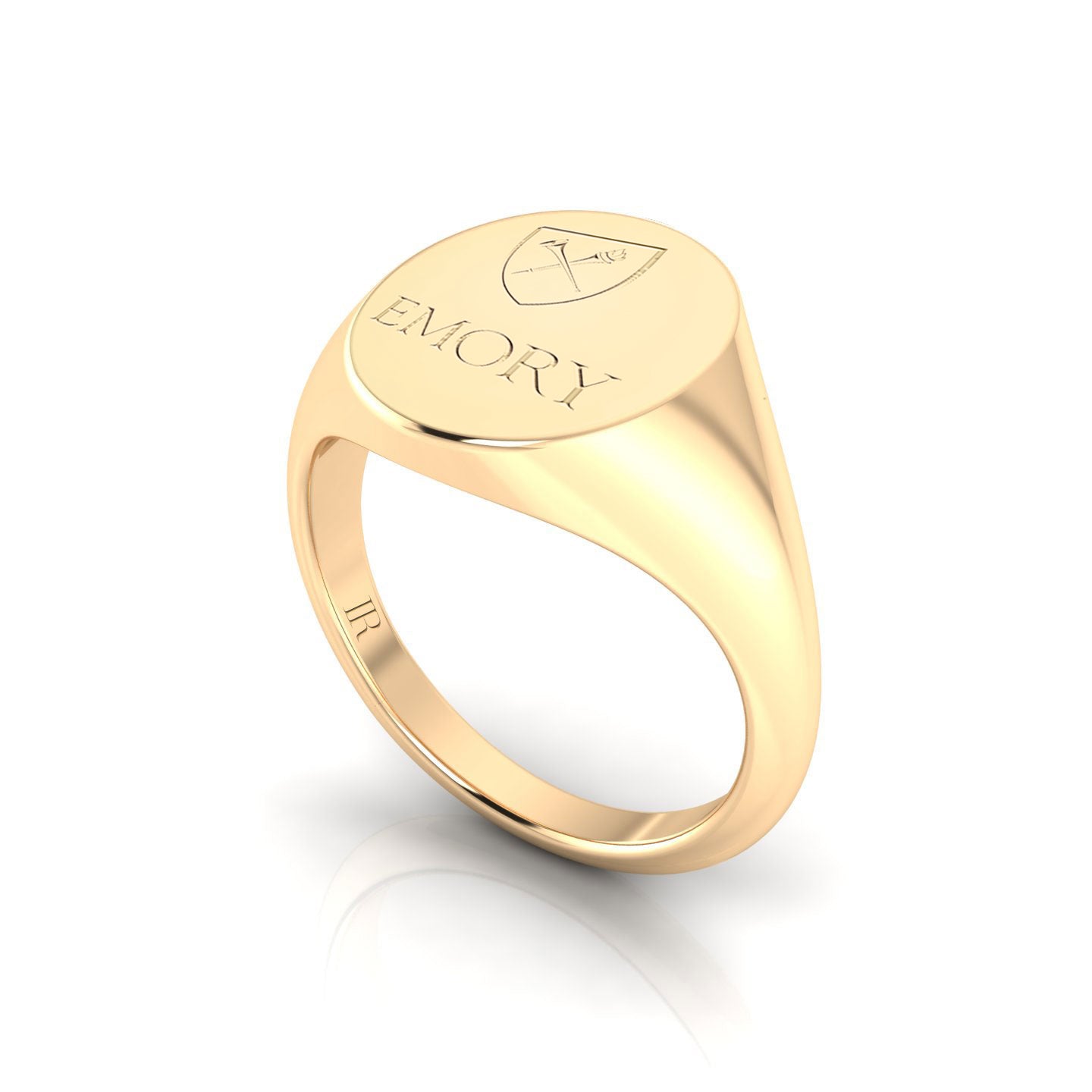 Side view of the Emory Oval Heritage Class Ring in 14KT yellow gold, highlighting its meticulous craftsmanship and elegant curves.
