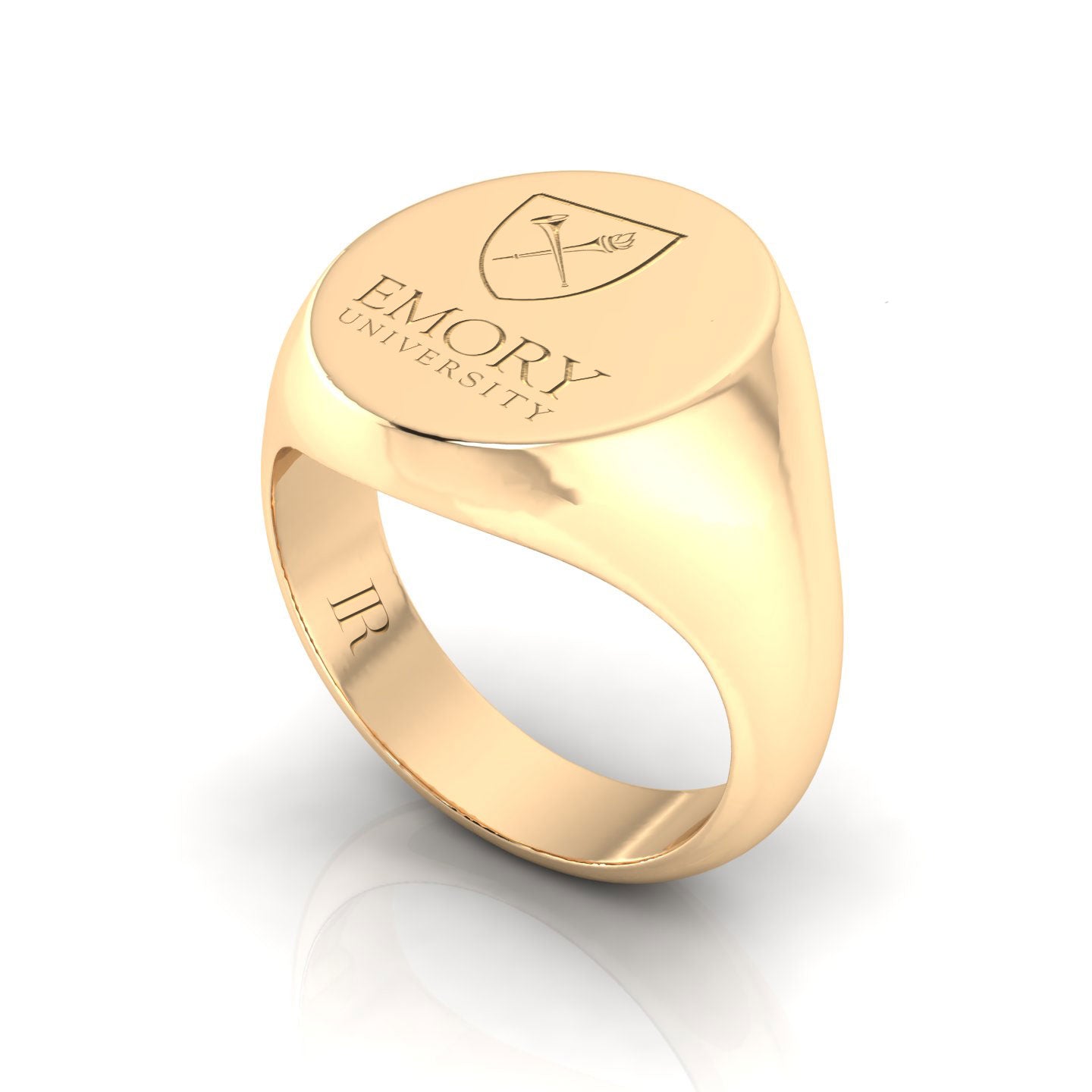 Side view of the Emory Ivy Signet Class Ring in 14kt yellow gold, displaying the elegantly contoured design and detailed craftsmanship.