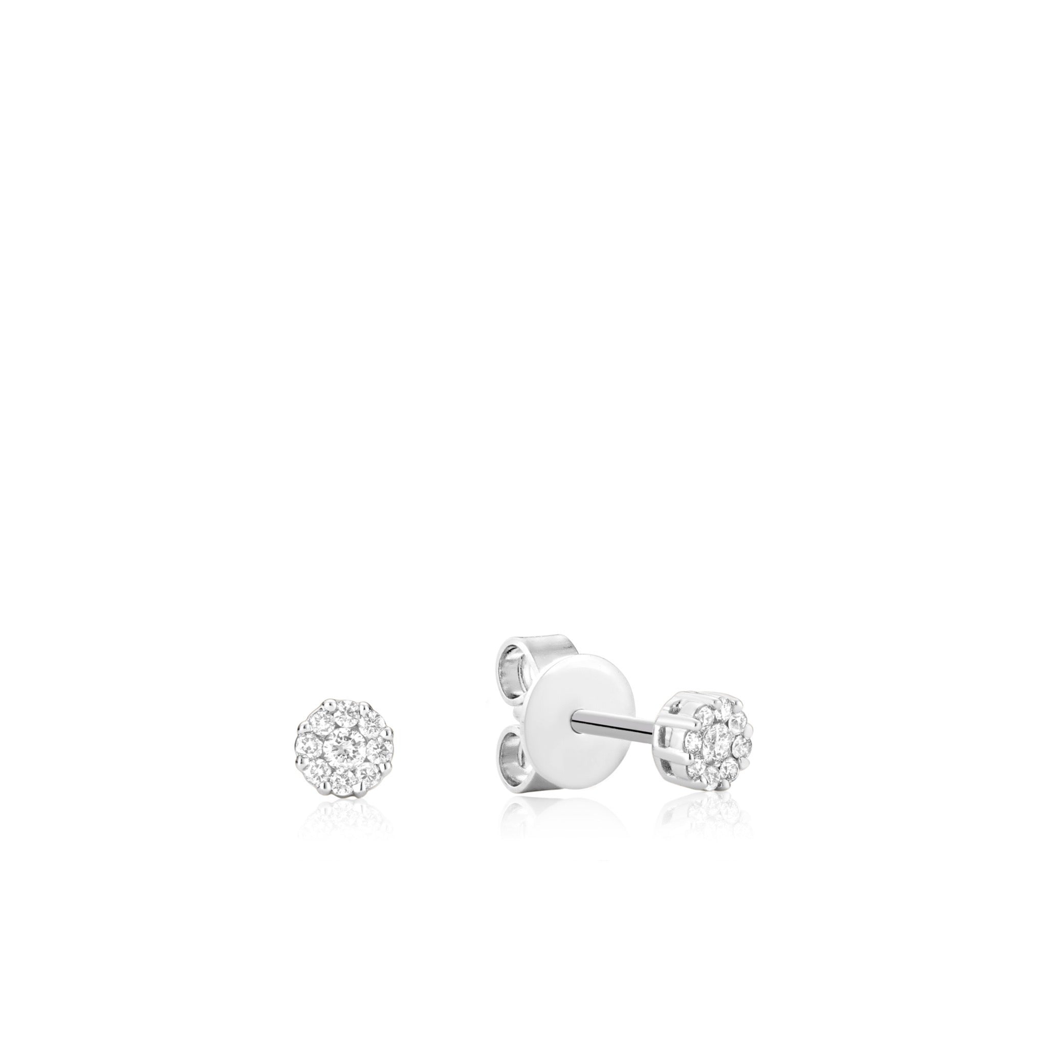 Elegant diamond cluster stud earrings set in lustrous 14kt white gold, radiating sophistication and timeless charm.