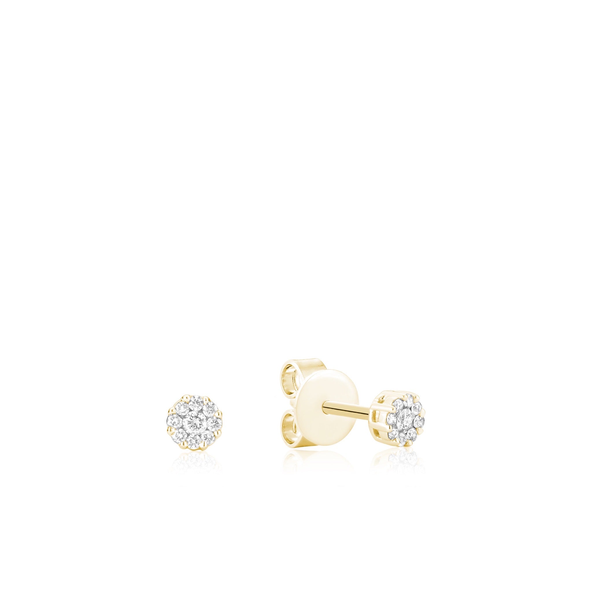 Exquisite diamond cluster stud earrings encased in warm 14kt yellow gold, showcasing unparalleled elegance and classic beauty.