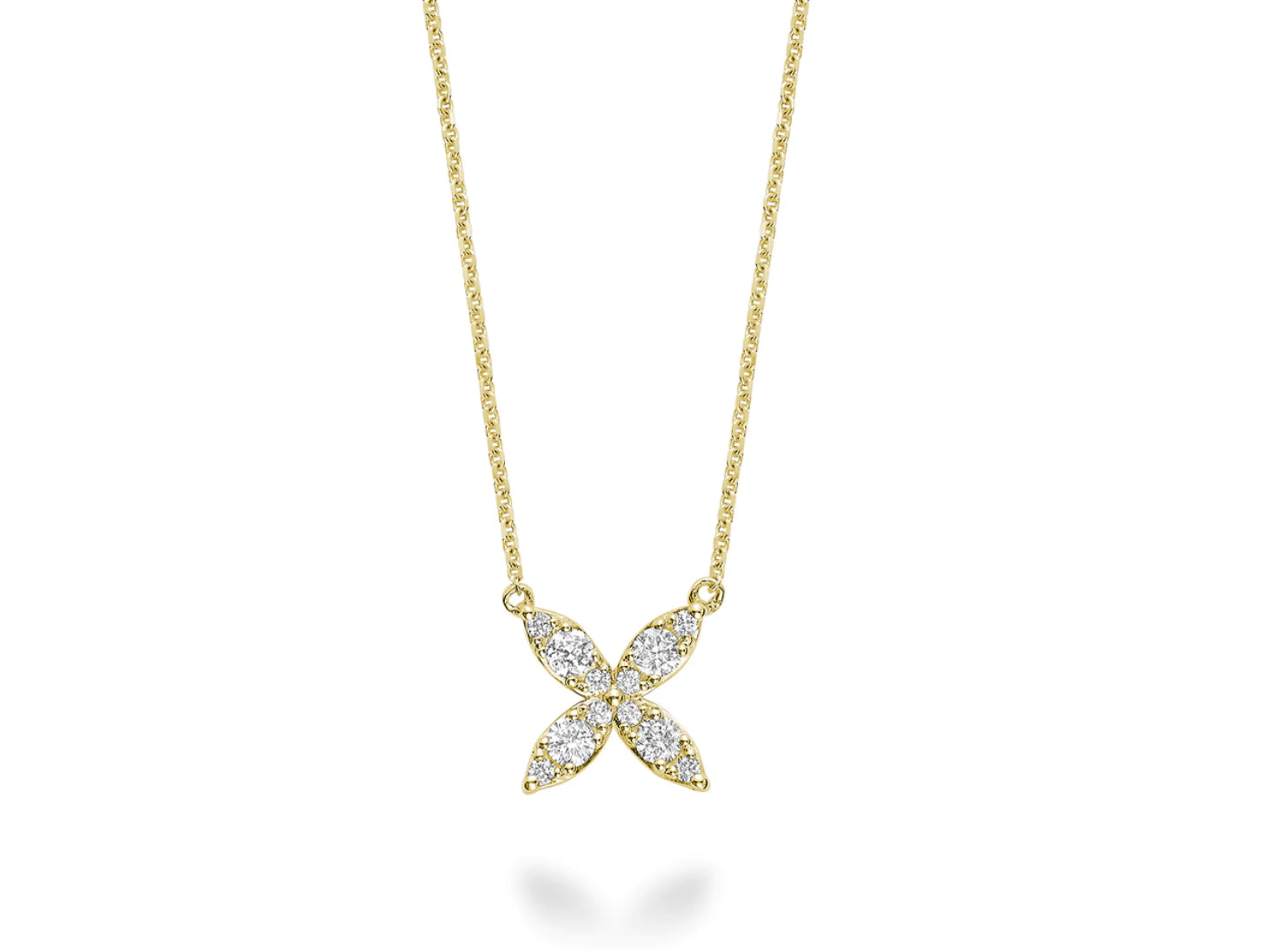 A diamond flower necklace made of 14kt yellow gold. The necklace is accented with a total weight of 0.20cts of diamonds and features a delicate flower pendant with a sparkling cluster of diamonds in the center.