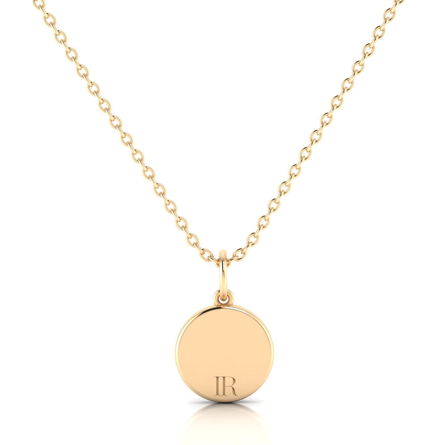 The back view of a large circle pendant with the Elon University logo engraved on it. The pendant is made of gold vermeil and has a bail for hanging from a chain.