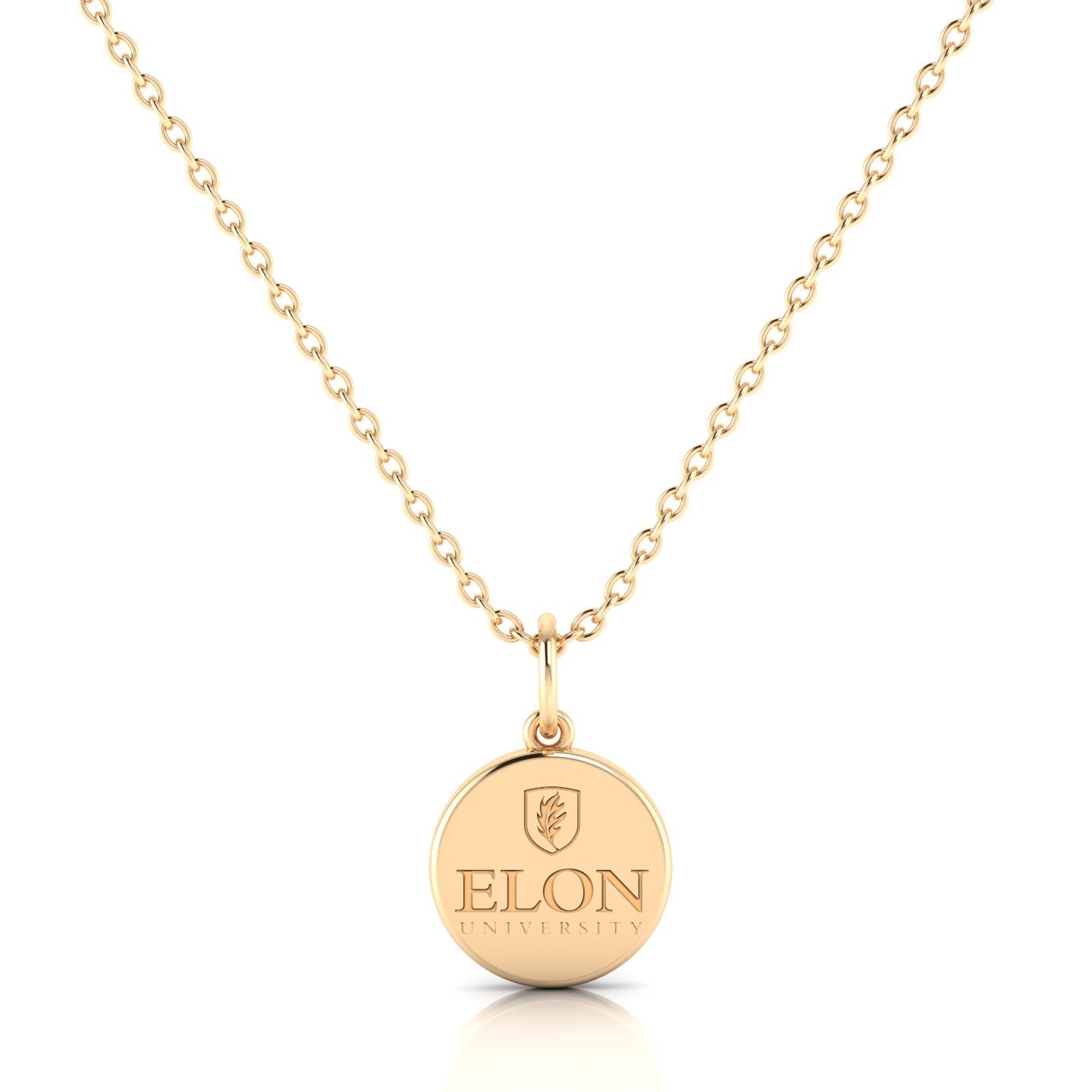A large circle pendant made of gold vermeil with the Elon University logo engraved on it.