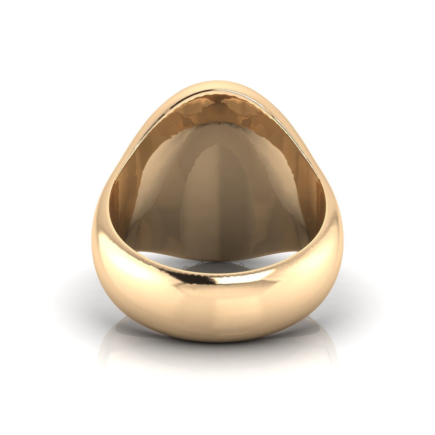 A back view of an Elon University Meta Class Ring made of 14kt yellow gold. The class ring features the Elon University logo in a raised, polished finish.