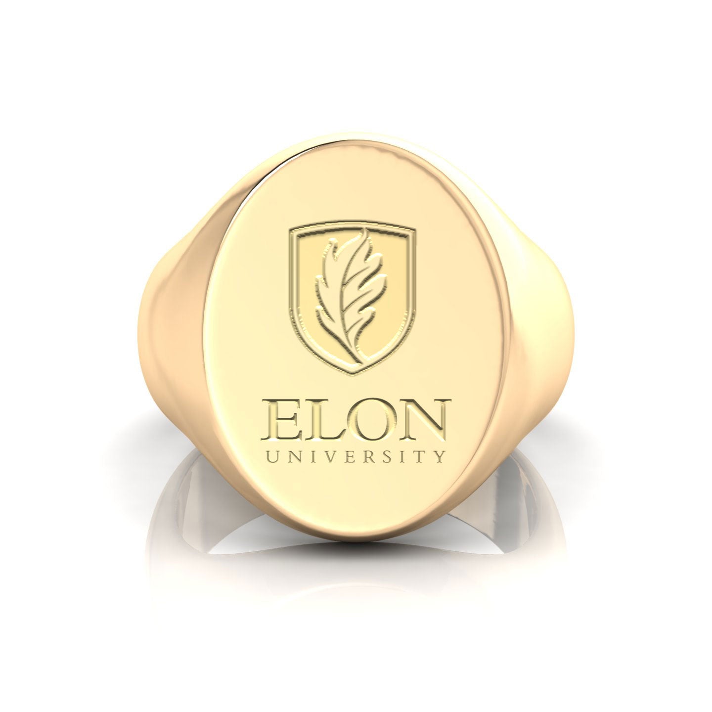 A close-up of the front view of an Elon University Meta Class Ring made of 14kt yellow gold. The class ring features the Elon University logo in a raised, polished finish.
