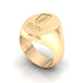 A side view of an Elon University Meta Class Ring made of 14kt yellow gold. The class ring features the Elon University logo in a raised, polished finish.