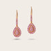 Image of a pair of drop pink sapphire earrings. The earrings are made of 18kt rose gold and feature teardrop-shaped pink sapphires. The sapphires are a deep, rich pink color and reflect the light magnificently. The earrings are a beautiful and elegant piece of jewelry that would be perfect for any occasion.