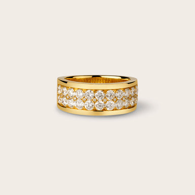 Image of a double row diamond ring made of 18kt yellow gold. The ring has two rows of sparkling diamonds that are perfectly bead set. The diamonds are F/G color and VS2-Si1 clarity. The ring measures 1.47 carats in total weight.