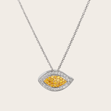 Close-up image showcasing the intricate detail and radiant sparkle of the Evil Eye Fancy Yellow Diamond and White Diamond Pendant crafted in 18kt white gold.