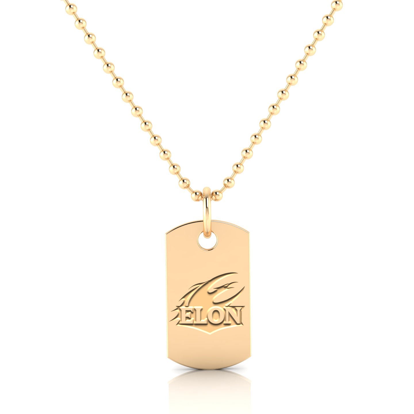 A close up view of the Elon Squadra Pendant Too in 14kt yellow gold. The logo is engraved in the center of the pendant.
