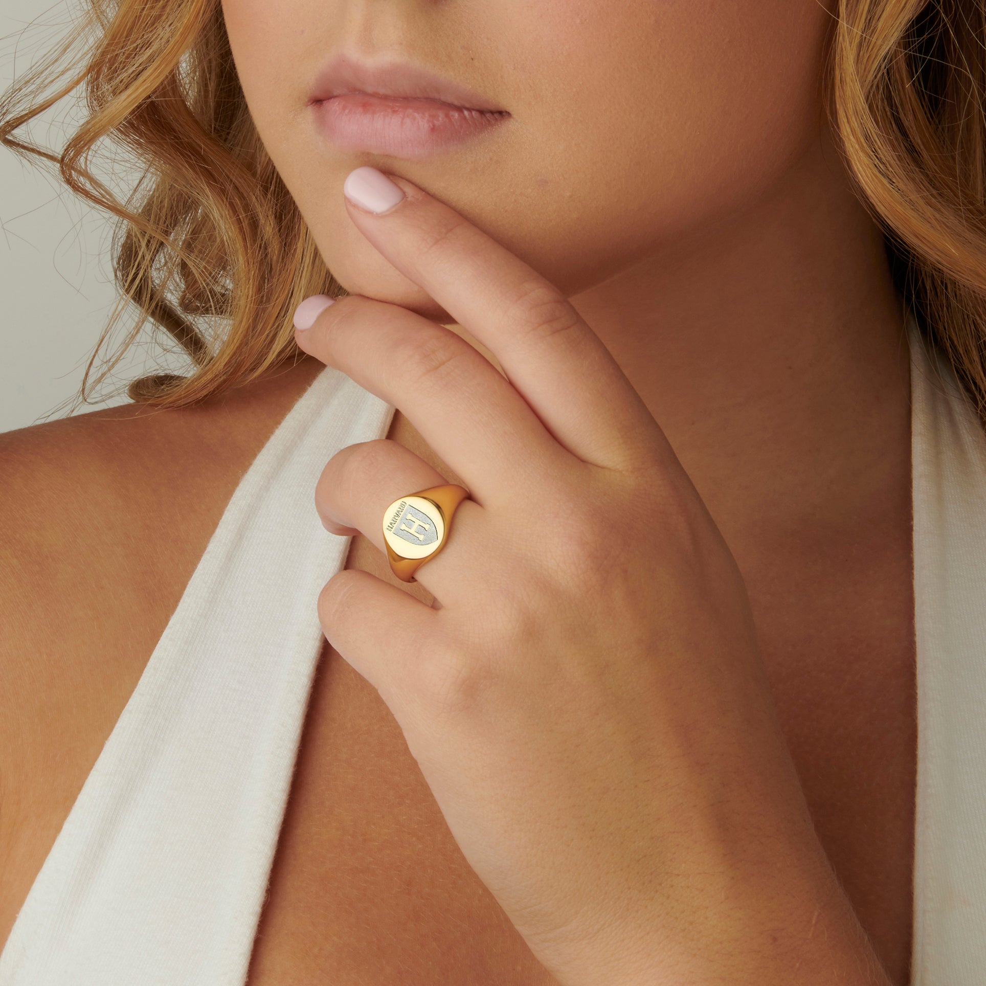 Harvard Ivy Signet Class Ring in Gold Vermeil worn by a woman