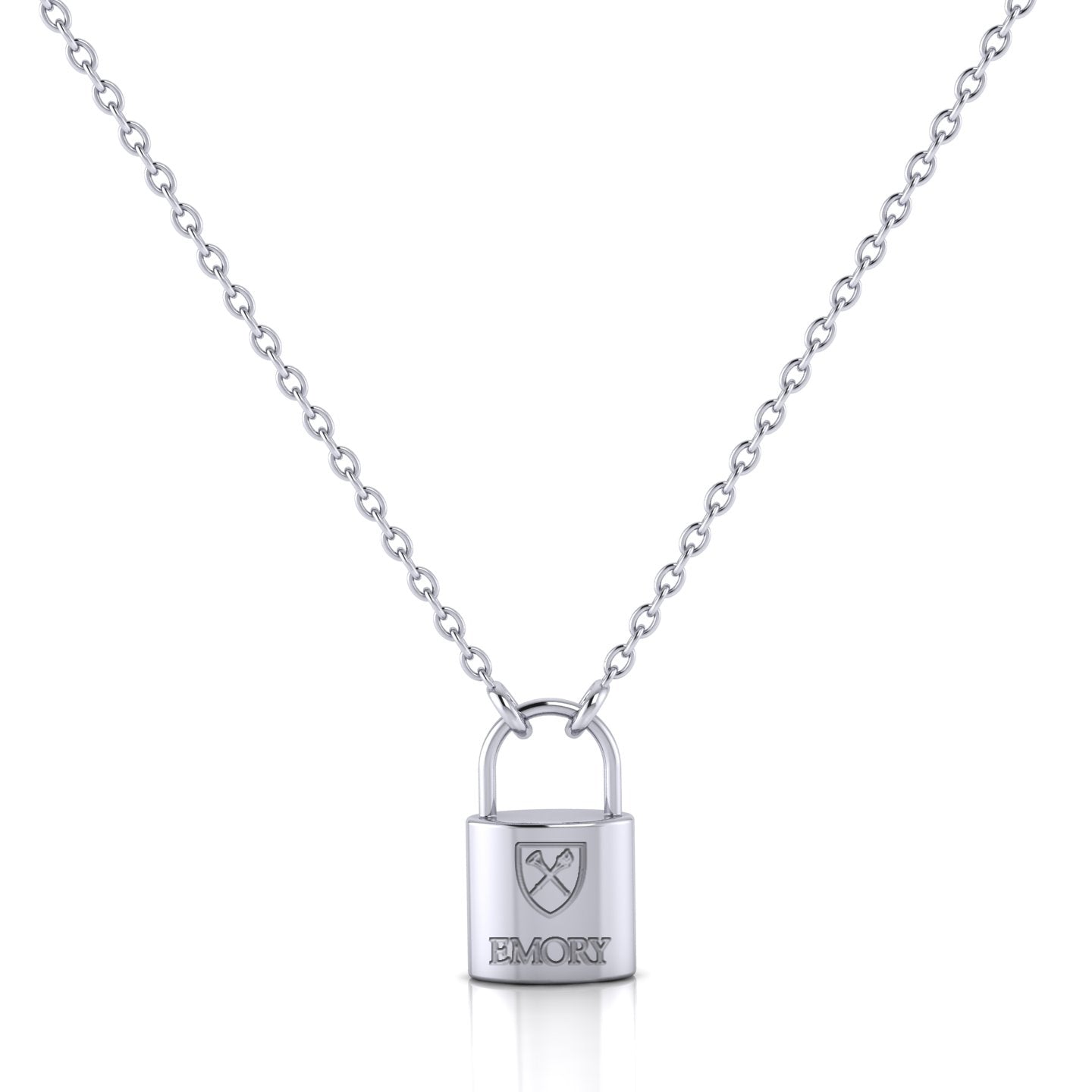 A close-up view of the Emory Padlock Pendant in sterling silver, featuring its sleek padlock design and a polished, shiny finish.