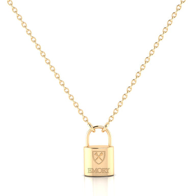 Close-up view of the Emory Padlock Pendant in 14kt yellow gold, highlighting its intricate padlock design and gleaming finish.