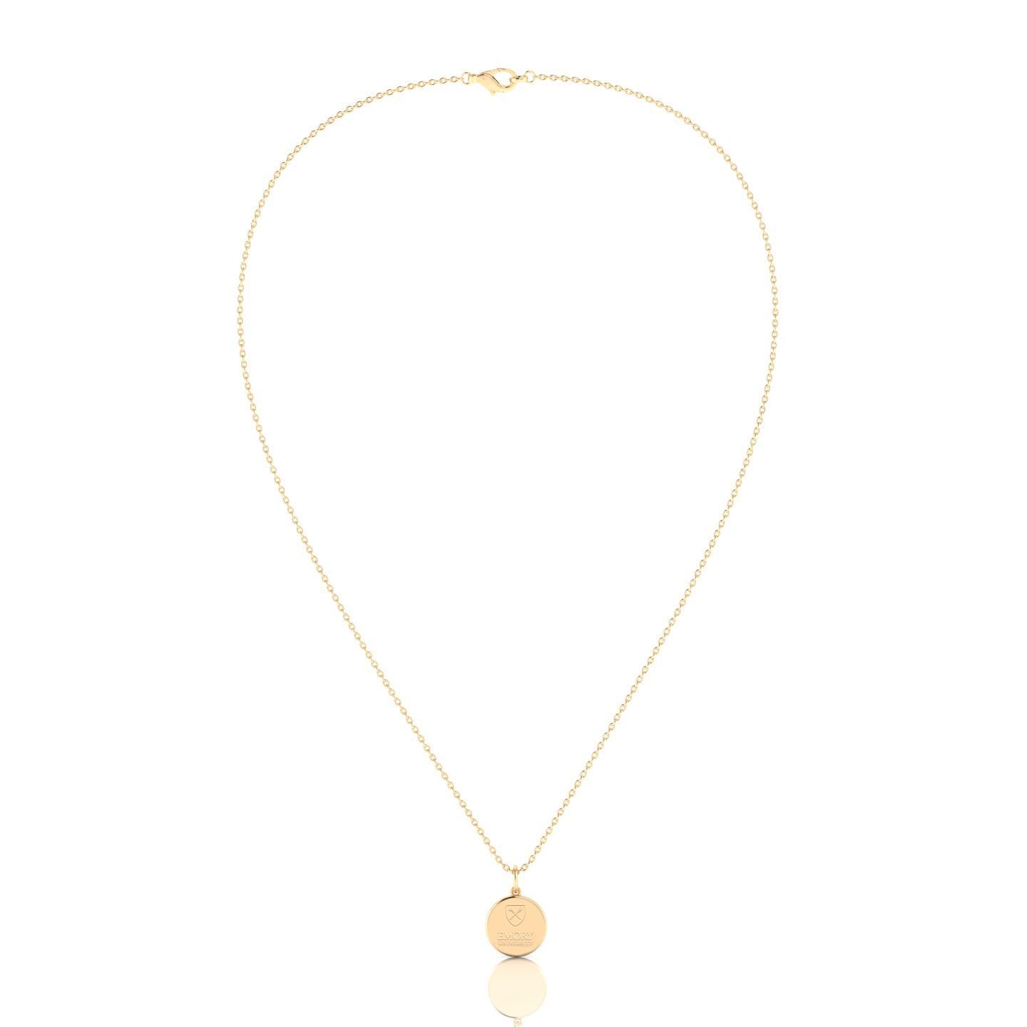 A large circle pendant in gold vermeil. The pendant features a raised Emory University seal in the center of the circle. Gold vermeil is a type of jewelry that is made with a layer of gold bonded to a base metal.