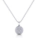 A close-up view of an Emory University Circle Pendant in sterling silver. The pendant is a circle with the Emory University seal engraved in the center. The silver is a bright white color.