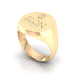 This image shows the side view of the Elon University Statement Class Ring in 14kt yellow gold. The ring is a comfortable fit and is made of durable materials. The logo is a subtle way to show your pride in Elon University.