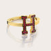 Harvard H Ruby Ring Limited Edition: A close-up view of the ring featuring the Harvard 'H' symbol surrounded by crimson red rubies on a white background.