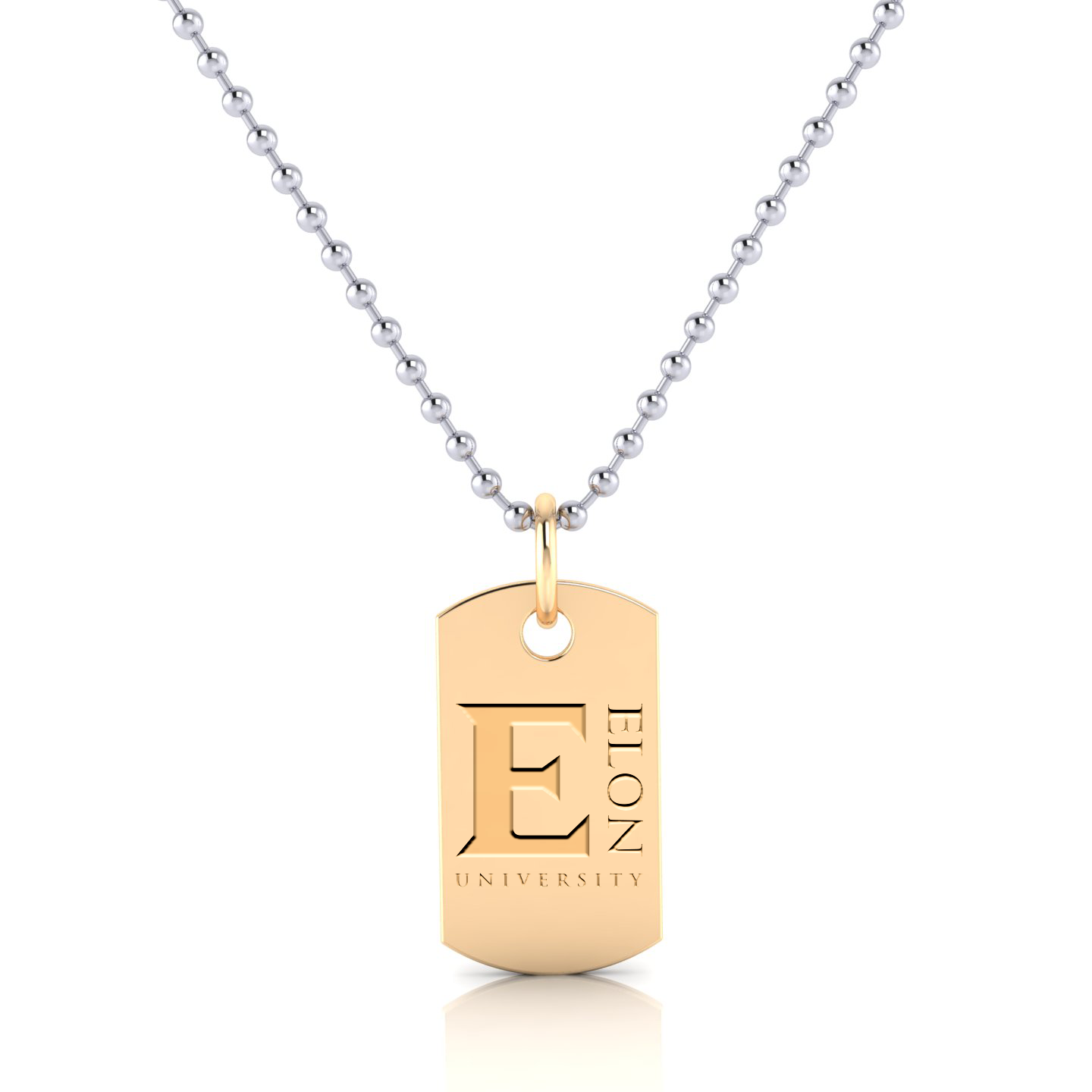 An Elon Squadra E pendant in gold vermeil. The pendant is a simple, elegant design with the Elon University "E" logo. The gold vermeil is a bright, yellow color.