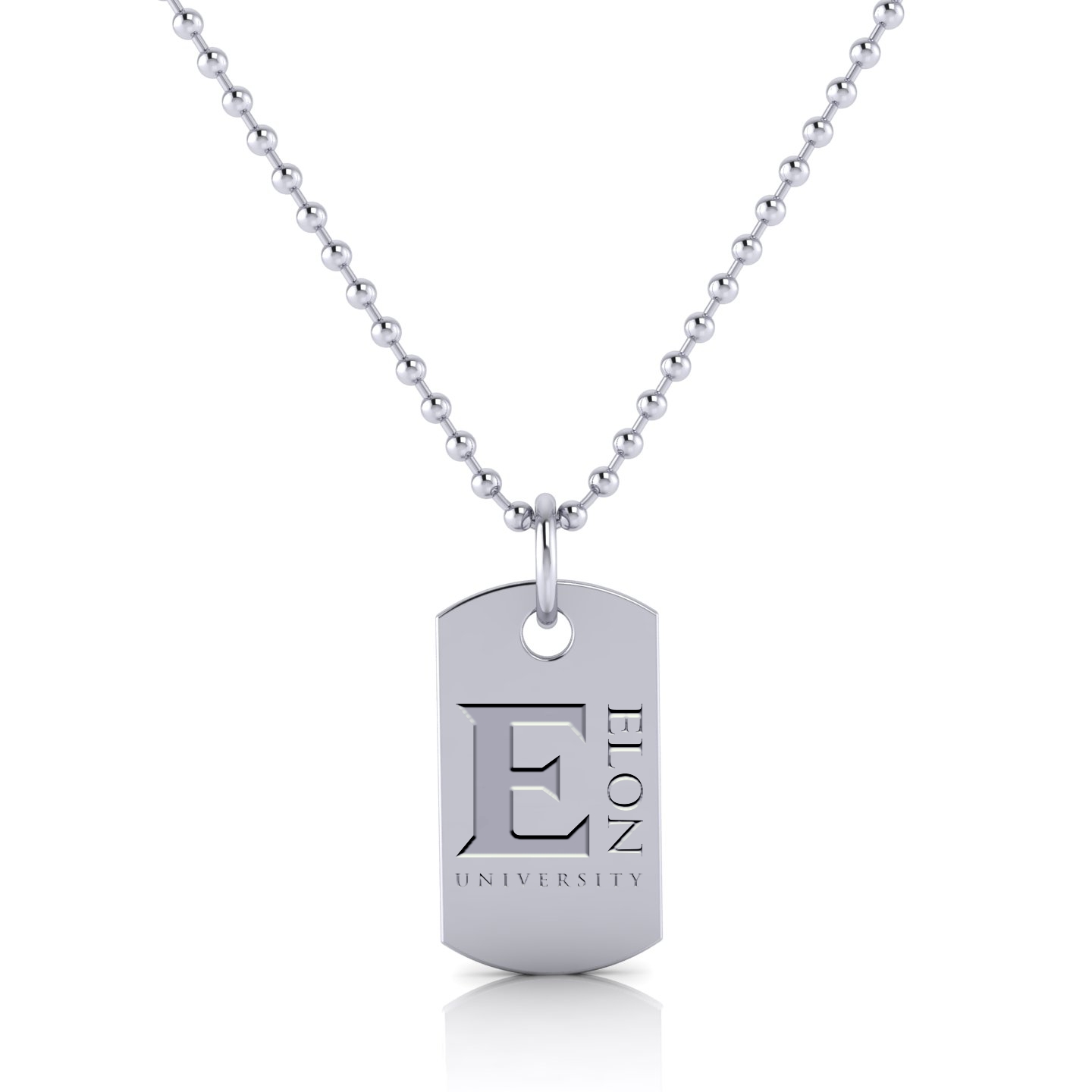 An Elon Squadra E pendant in sterling silver. The pendant is a simple, elegant design with the Elon University "E" logo. The sterling silver is a bright, silver color.