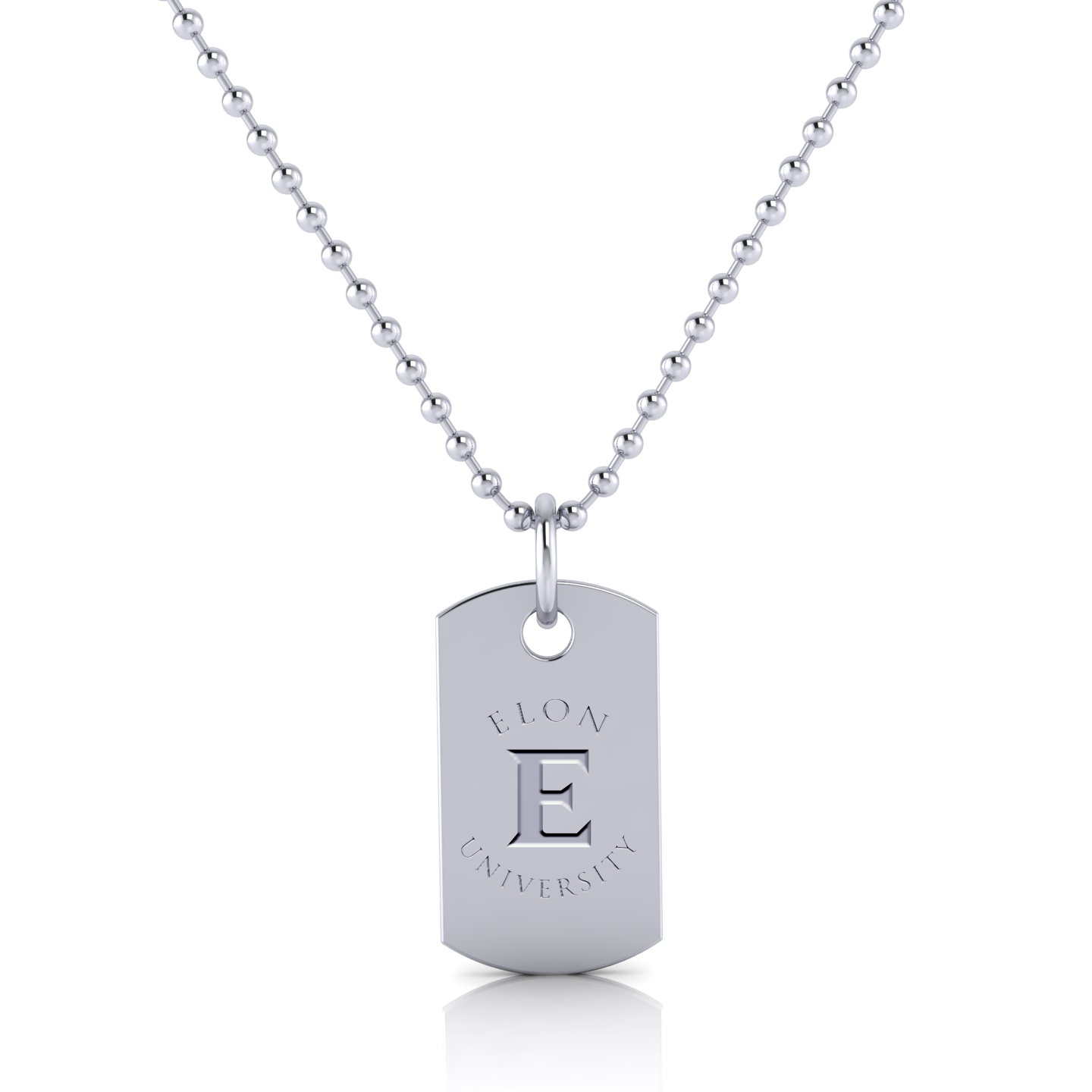 A close-up of an Elon Squadra Pendant in sterling silver. The pendant features a bold E logo in a sleek, modern font. The sterling silver gives the pendant a classic and timeless look.