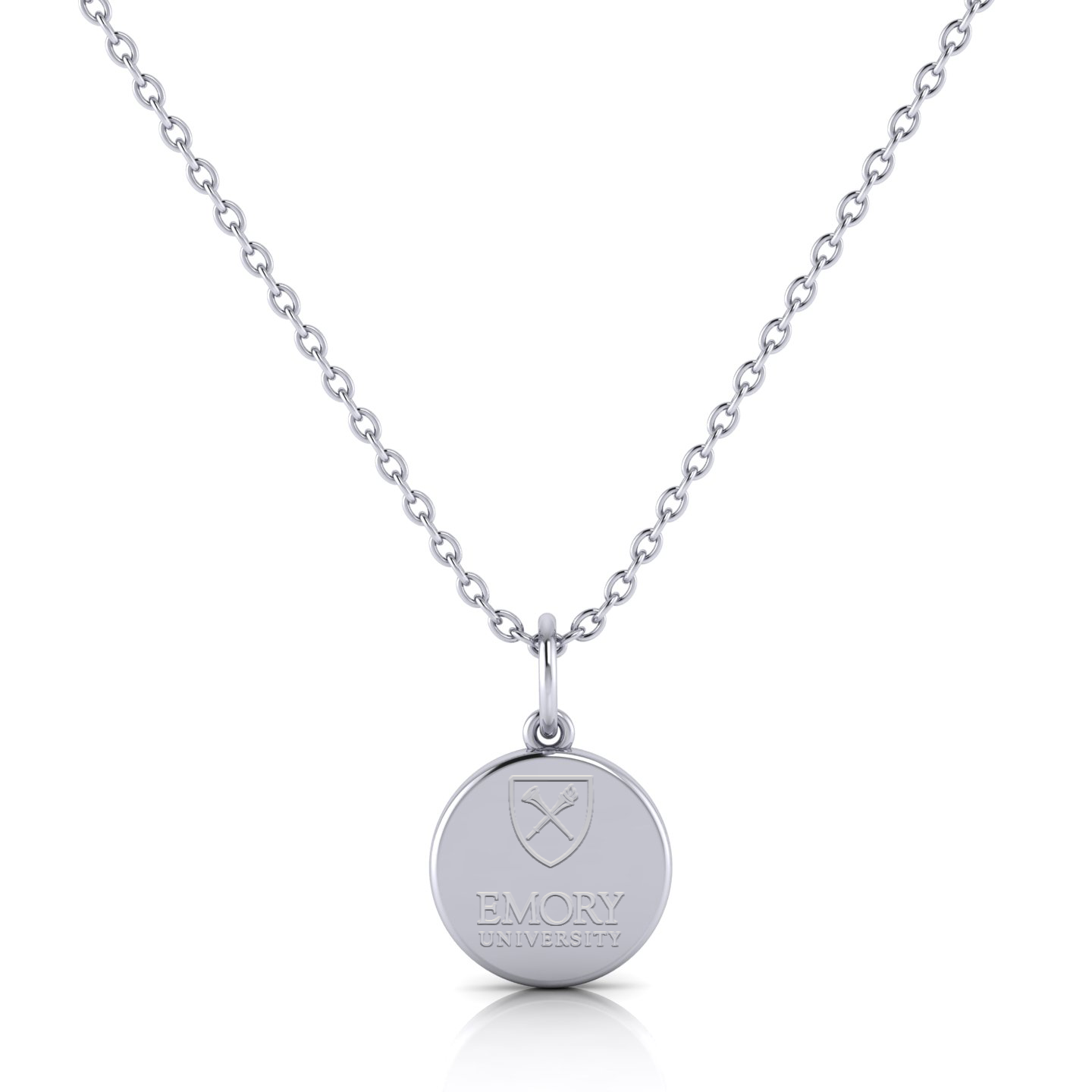 A large circle pendant in sterling silver. The pendant features a raised Emory University seal in the center of the circle. 