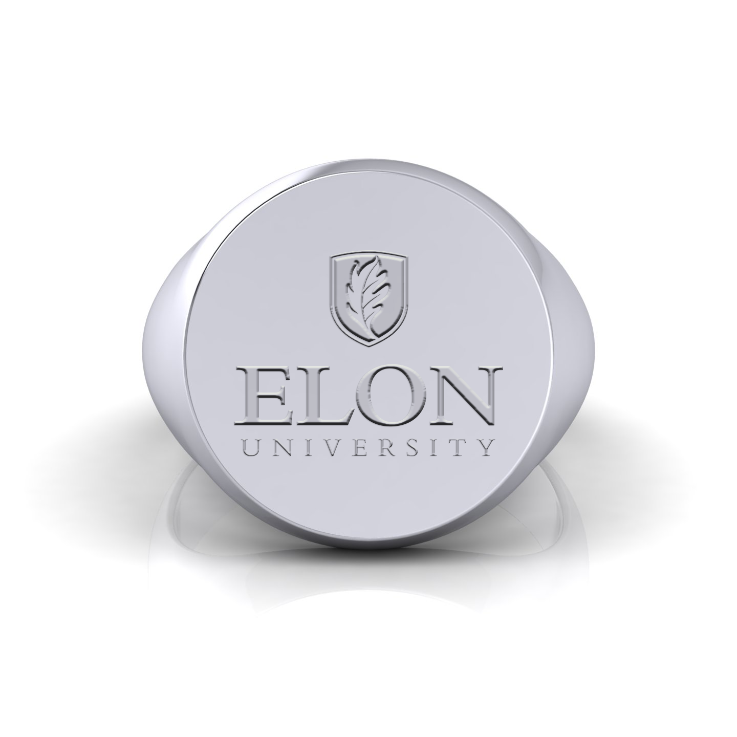 This image shows the front view of the Elon University Statement Class Ring in sterling silver. The ring is made of high-quality silver and features a beautiful design. The logo is a bold and eye-catching way to show your pride in Elon University.