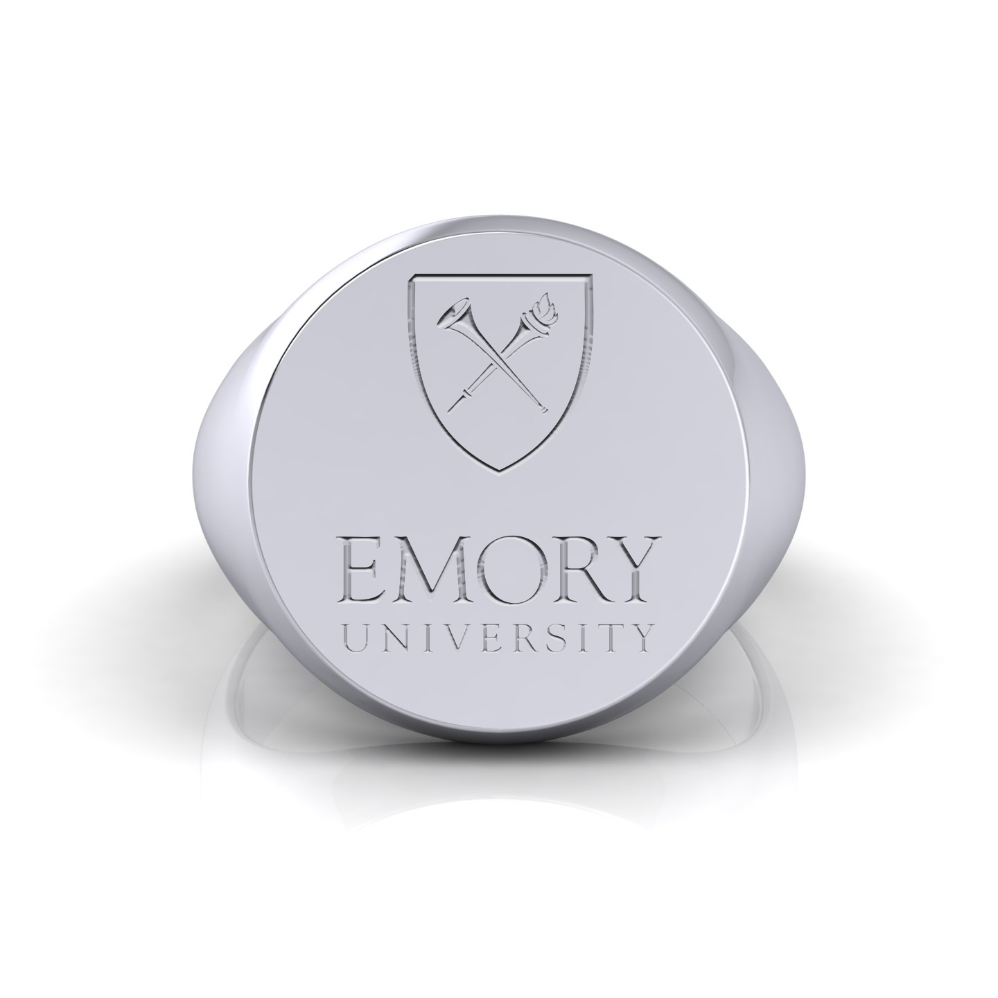 Close-up view of the Emory Statement Class Ring in classic sterling silver, focusing on the intricately designed university crest.