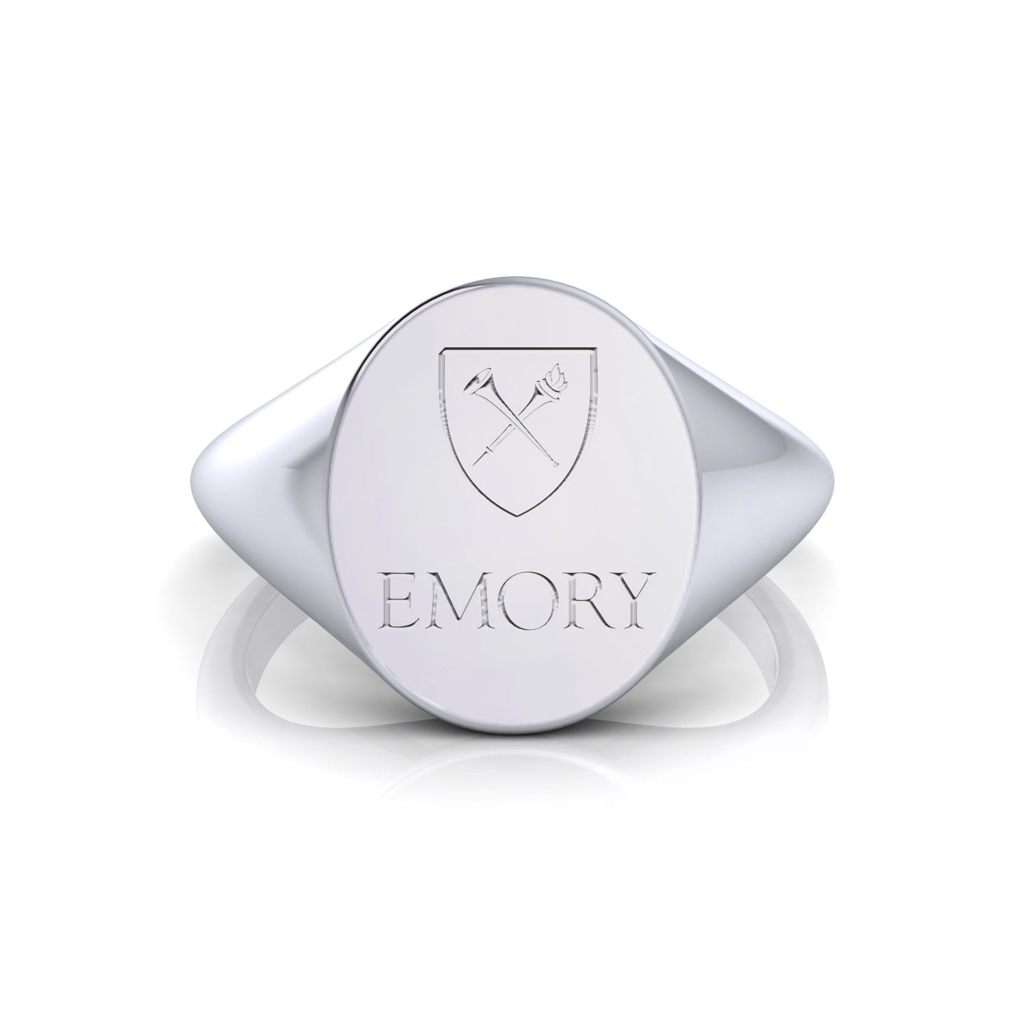 Front view of the Emory Oval Heritage Class Ring in sterling silver, displaying its sleek design and modern appeal.