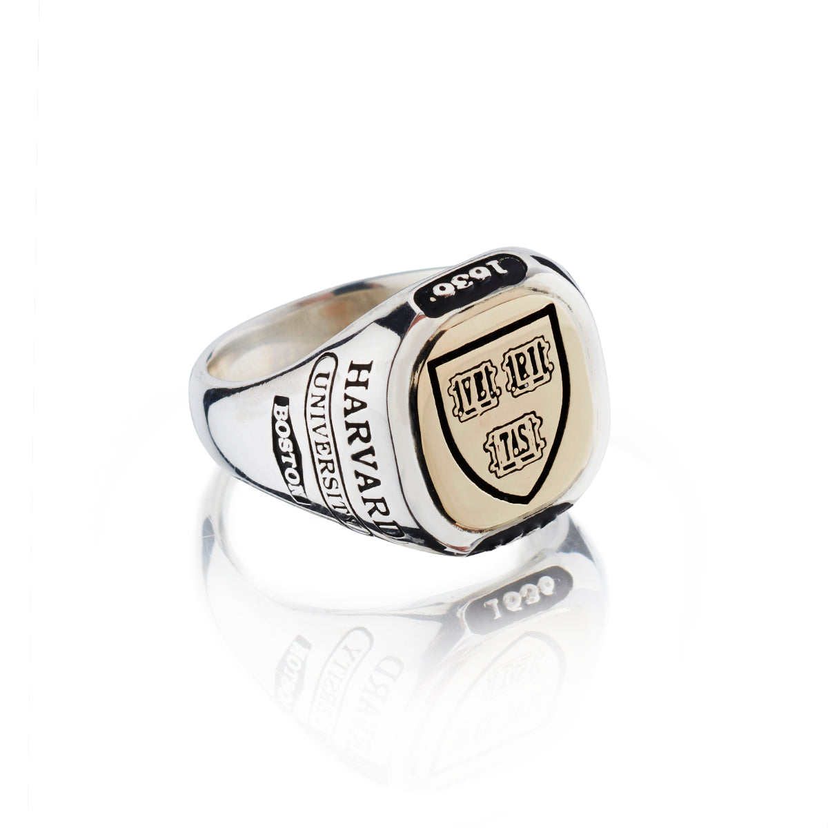 Harvard Limited Edition Honour Class Ring - side view. The ring reveals its exquisite craftsmanship and the lustrous 14kt gold plate on a sterling silver base.