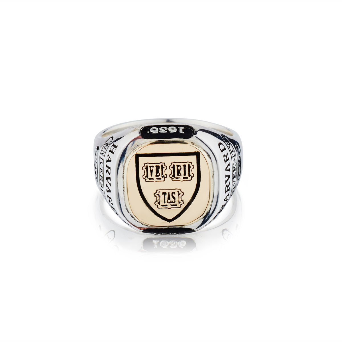 Harvard Limited Edition Honour Class Ring - front view. Sterling silver ring with 14kt gold plate, showcasing intricate details and Harvard University emblems.