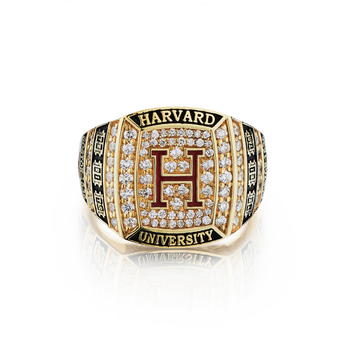 Front view of the Harvard Limited Edition Veritas Class Ring, highlighting its iconic Harvard "H" emblem and the intricate details of the ring's design.