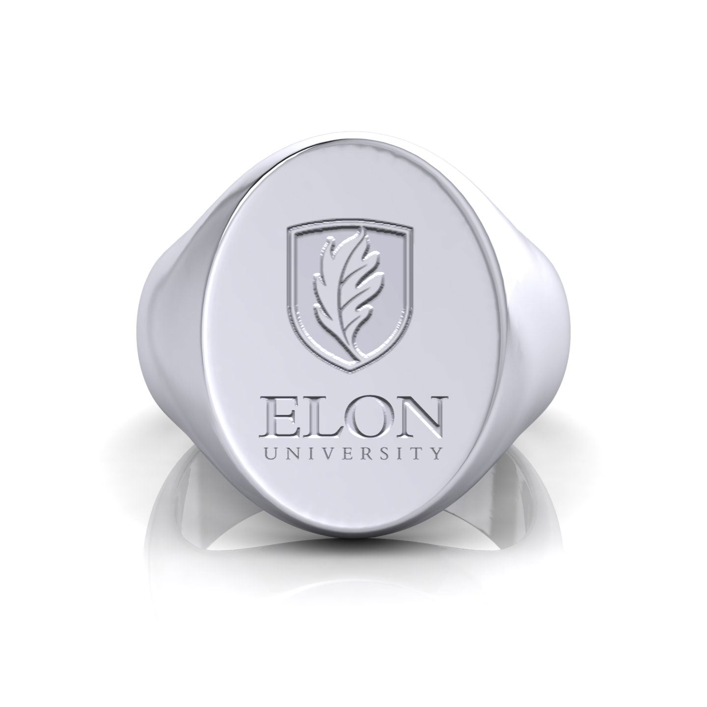 A close-up of the front view of an Elon University Meta Class Ring made of sterling silver. The ring class features the Elon University logo in a raised, polished finish.
