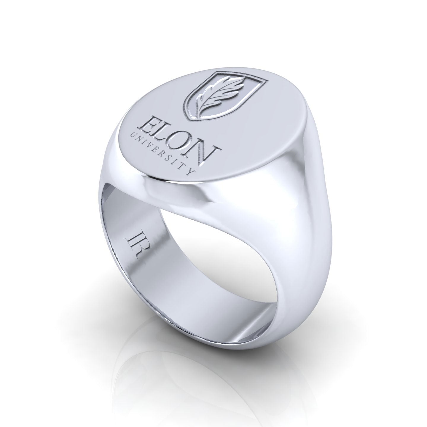 A side view of an Elon University Meta Class Ring made of sterling silver. The class ring features the Elon University logo in a raised, polished finish.
