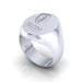 A side view of an Elon University Meta Class Ring made of sterling silver. The class ring features the Elon University logo in a raised, polished finish.