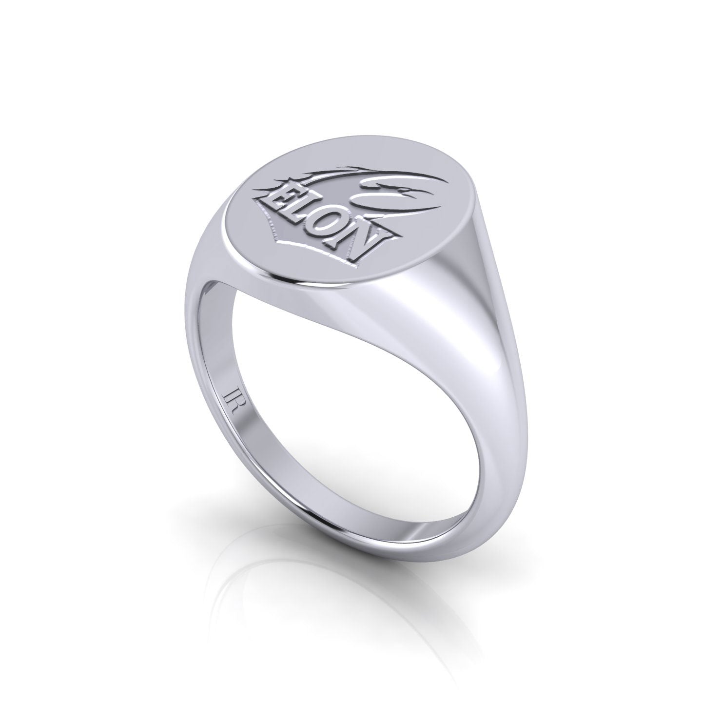 A side view of an Elon University Oval Heritage Class Ring in sterling silver.