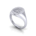 A side view of an Elon University Oval Heritage Class Ring in sterling silver.