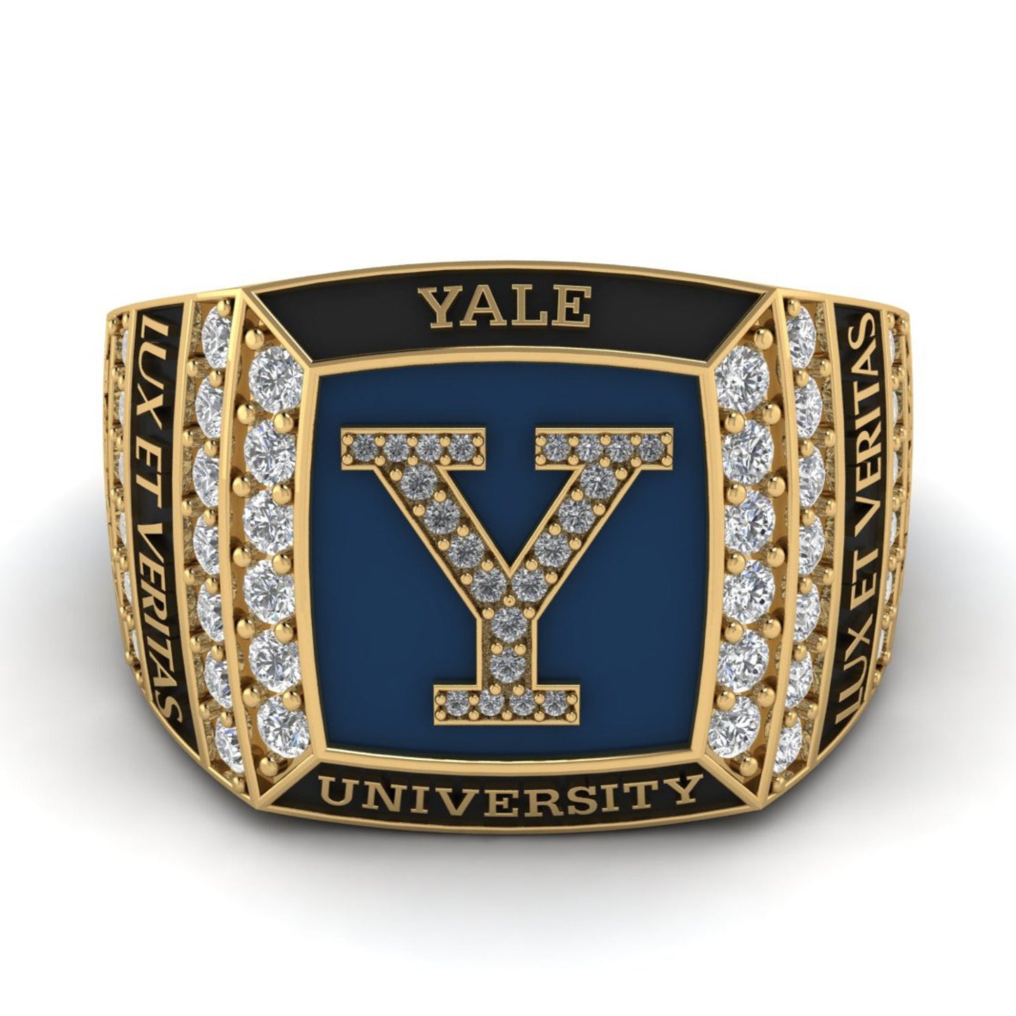 A close-up of the front of the Diamond Yale Limited Edition Ring. The ring is made of 18kt yellow gold and features 1.60 carats of diamonds. The Yale Y is the centerpiece of the ring, enamelled in a bold dark azure blue.