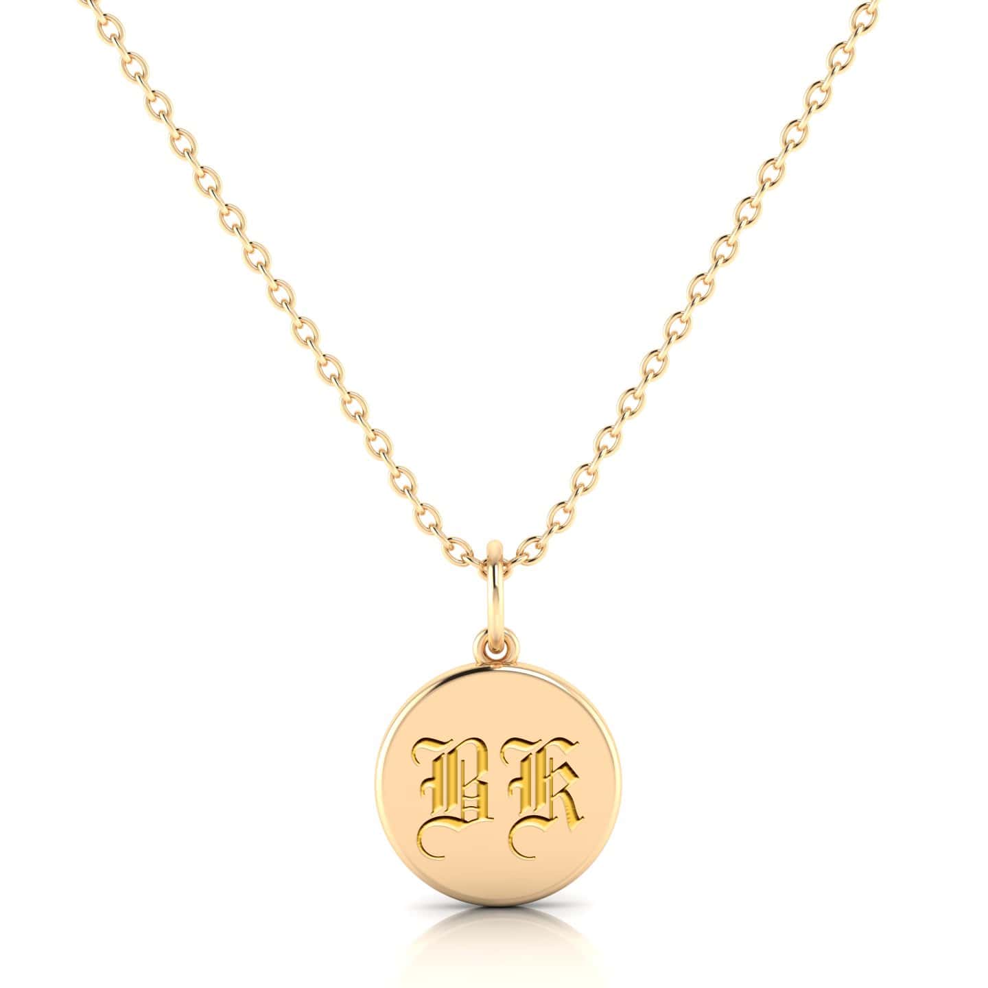 Yellow Gold Circle Pendant with custom engraving with Old English font