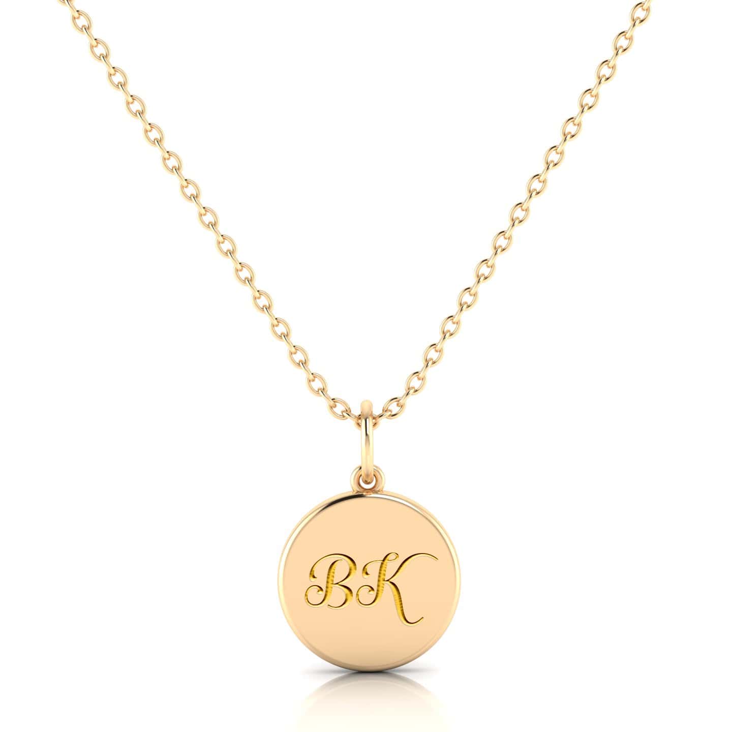 Yellow Gold Circle Pendant with custom engraving with Spring in May font