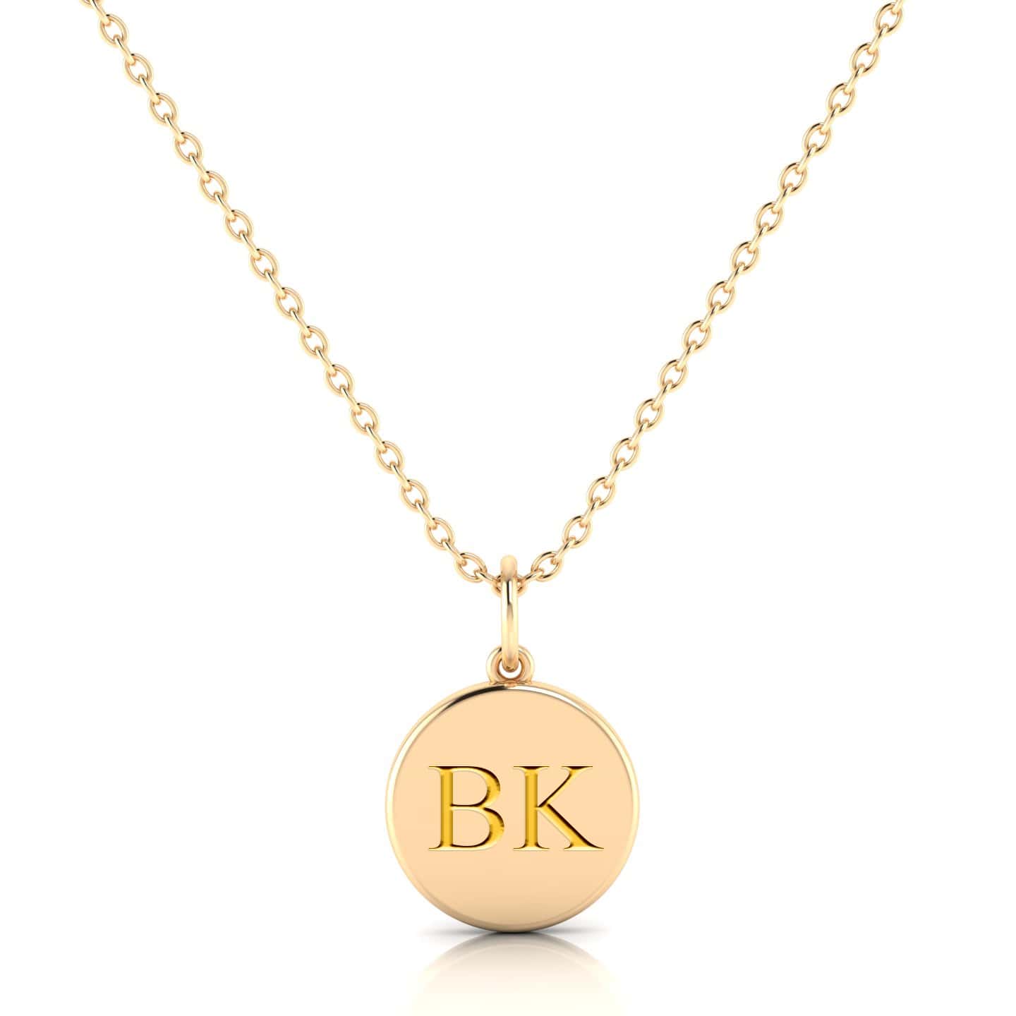 Yellow Gold Circle Pendant with custom engraving with Times Roman font